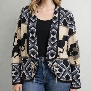 Vintage Western Aztec Horse Tapestry Cardigan Jacket Silver Button Tassels Large